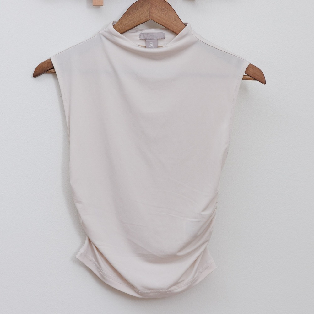 H&M Sleeveless Mock Neck Ruched Side Top Cream Beige Small